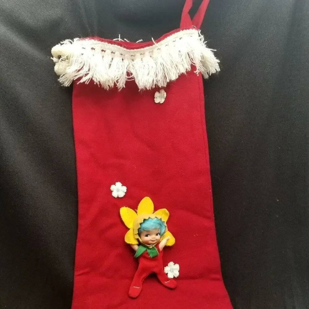 Vintage 60s Kitsch Large Christmas Red Stocking Pixie Blue Hair Hat Bells